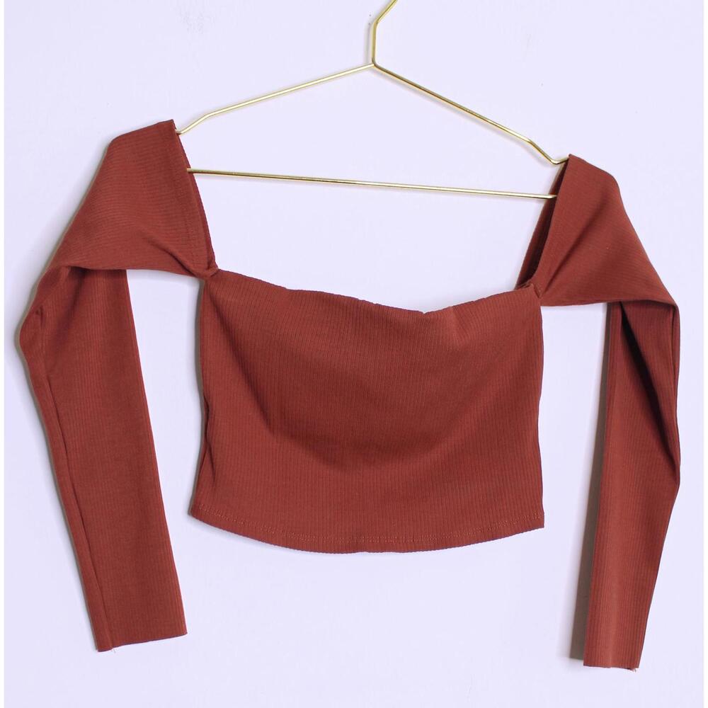 Burnt Sienna Ribbed Knit Crop Top with 3/4 Sleeves - Small